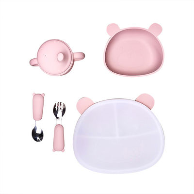Lid와 반달곰 모양 실리콘 아기 공급 세트 6Pcs BPA 무료 흡수 사발